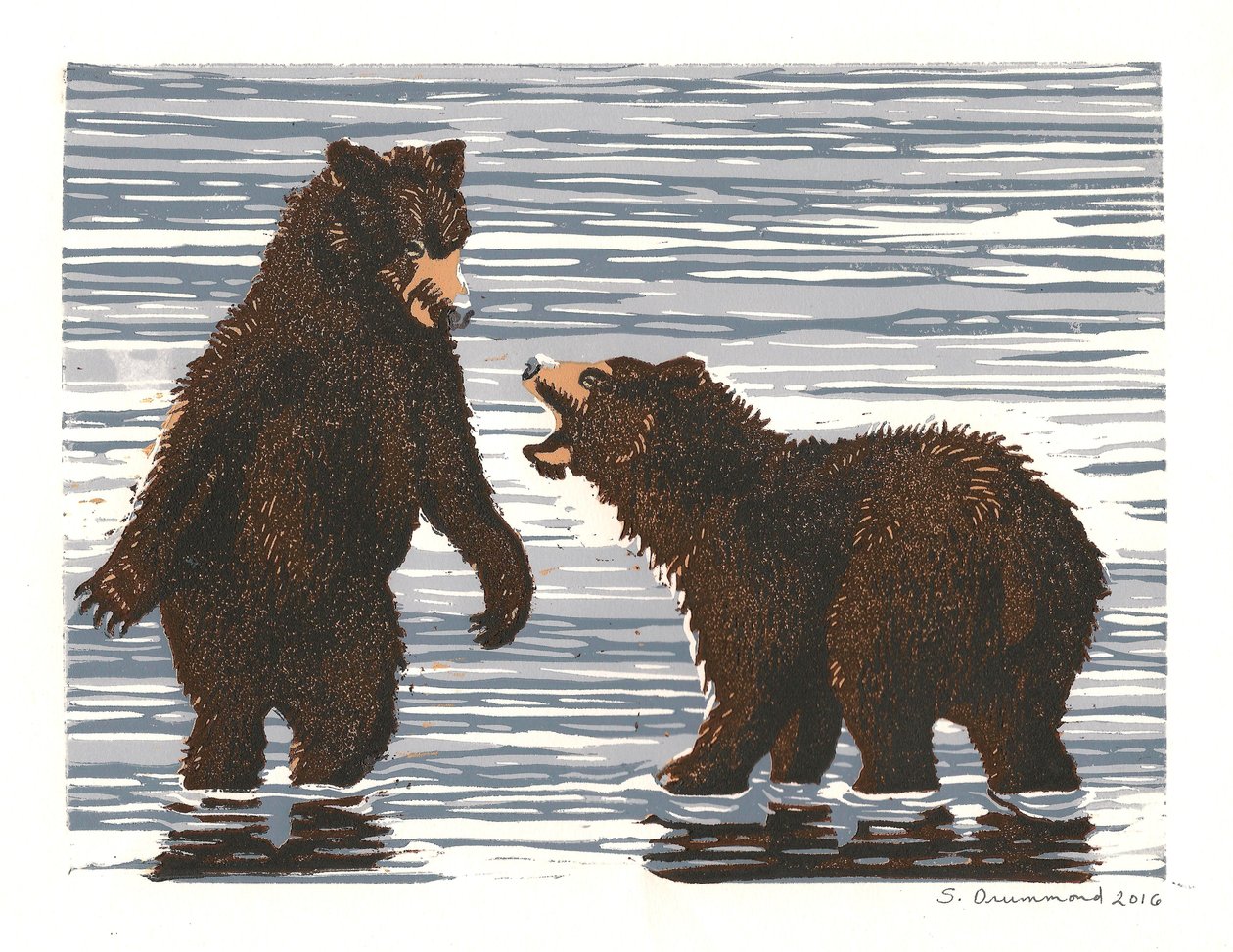 Skotačení v lososím potoce, 2016 (linoryt) od Sarah Drummond
