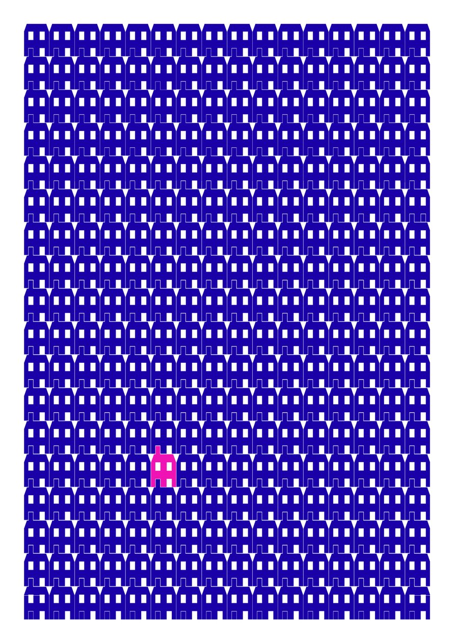 Modrý papírový dům Opakovaný tisk, 2014 (grafický tisk s girlandami) od Sarah Evans