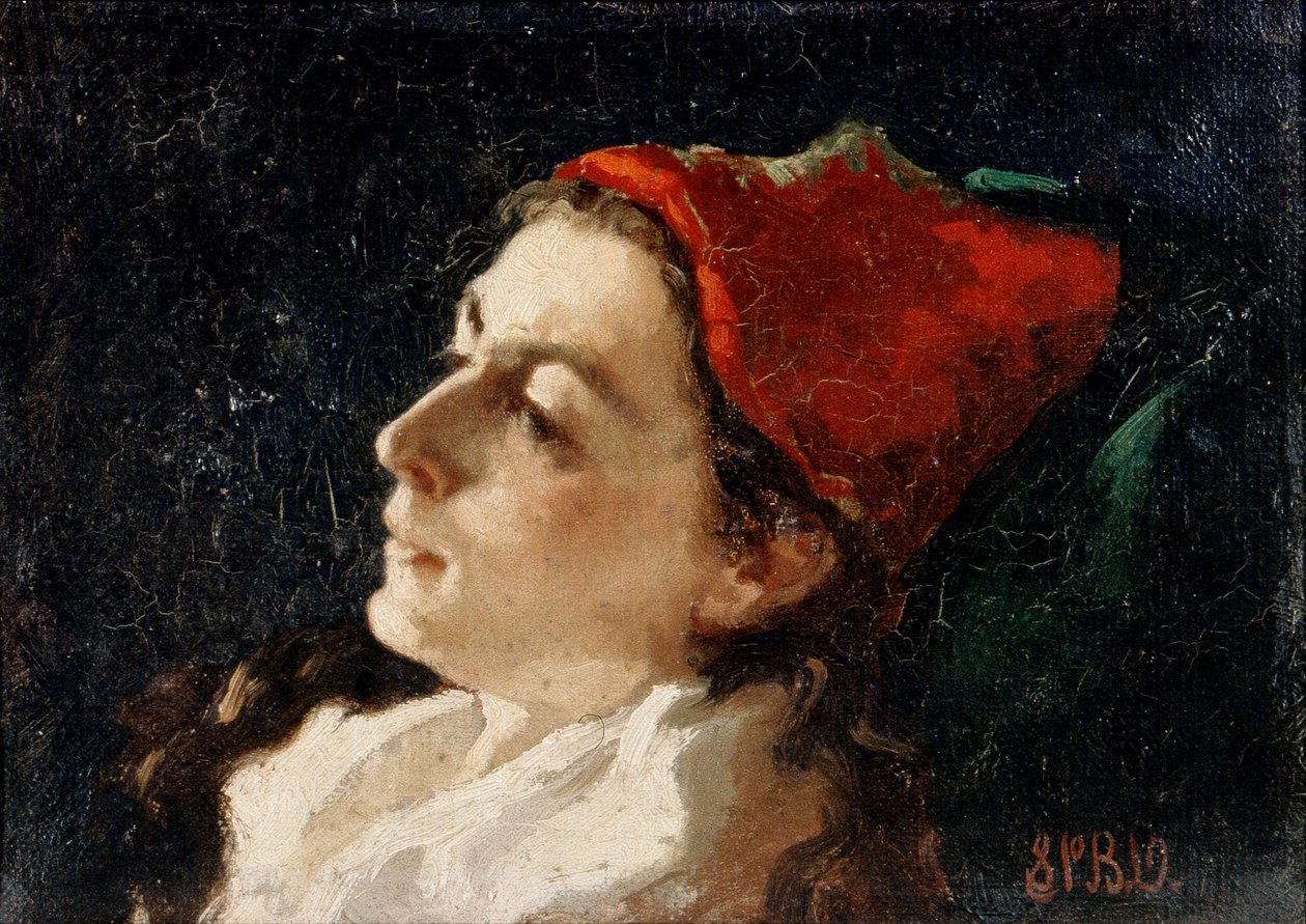 Hlava ženy v červené čepici (olej na plátně) od Sarah Paxton Ball Dodson