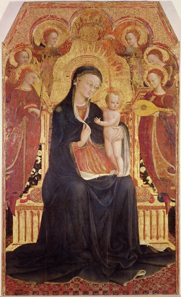 Madonna a dítě na trůnu se šesti anděly, centrální panel z oltářního obrazu, 1437-44 (detail 95743) od Stefano Sassetta