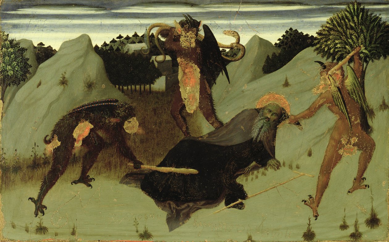 Svatý Antonín zbitý ďábly, deska z oltářního obrazu Eucharistie, 1423-26 od Stefano Sassetta