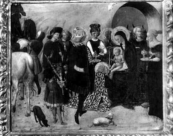 Klanění tří králů (tempera na panelu) (černobílá fotografie) od Sassetta (c.1392 1450)