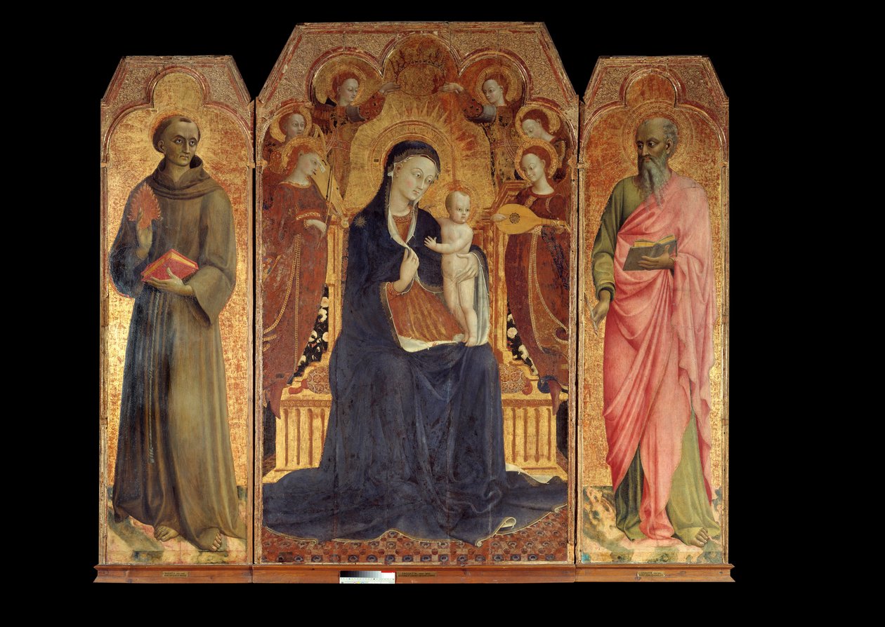 Panna a dítě obklopené šesti anděly. Kolem: Svatý Antonín z Padovy (san antonio di padova) a svatý Jan Evangelista. Oltářní obraz od Stefana di Giovanni Sassetta (1392 - 1450) od Sassetta (c.1392 1450)