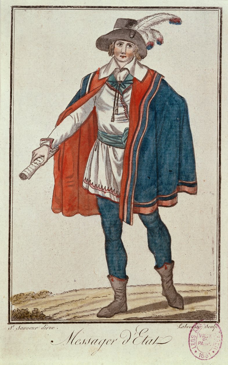 Oficiální státní posel v období Direktoriátu ve Francii, z knihy "Kostýmy zástupců francouzského lidu", vyryl Labrousse, 1790. od Sauveur Legros or Le Gros
