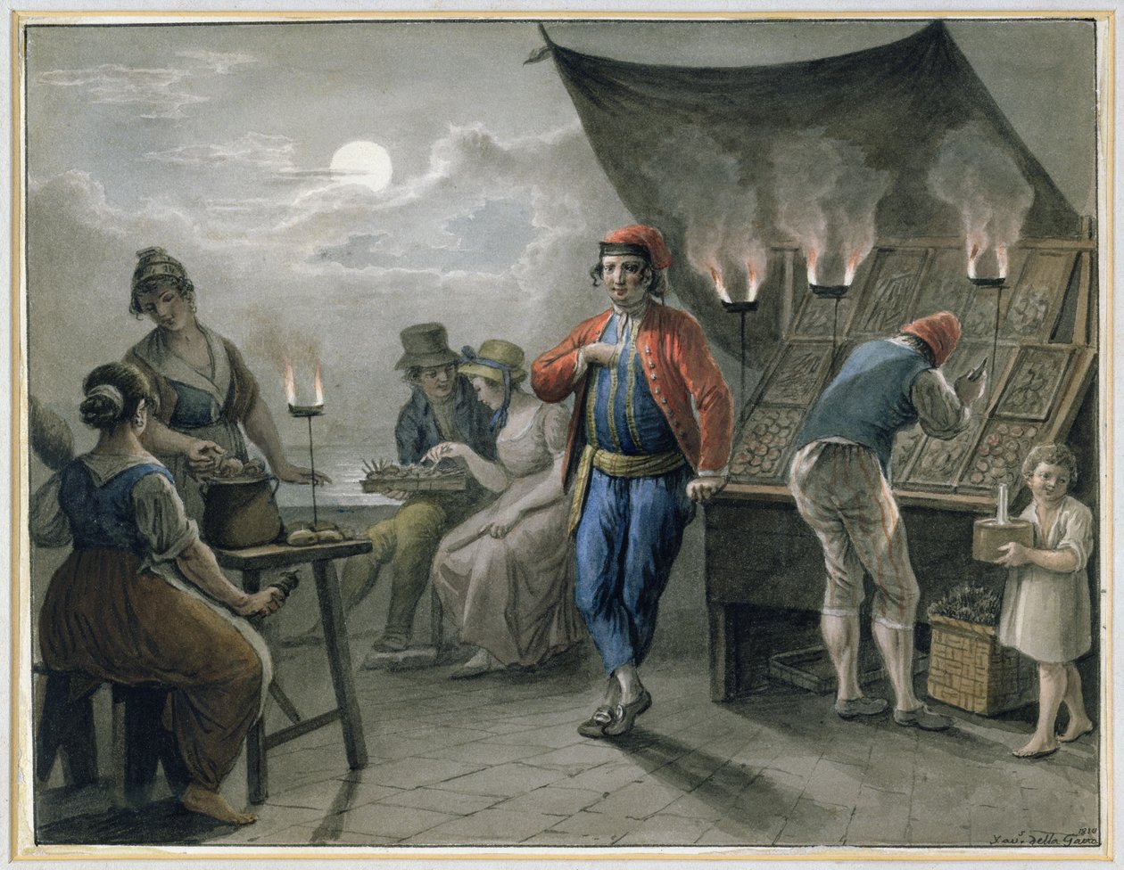 Figurky u stánku v noci, 1819 (tužka a wc) od Saviero Xavier della Gatta