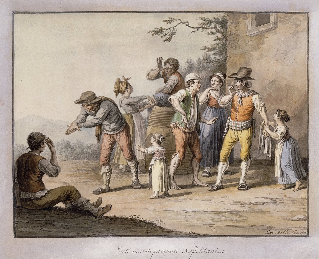 Neopolitané gestikulují na hluchoněmou osobu; Gesti Mutoloparlanti Napolitani, 1815 od Saviero Xavier della Gatta