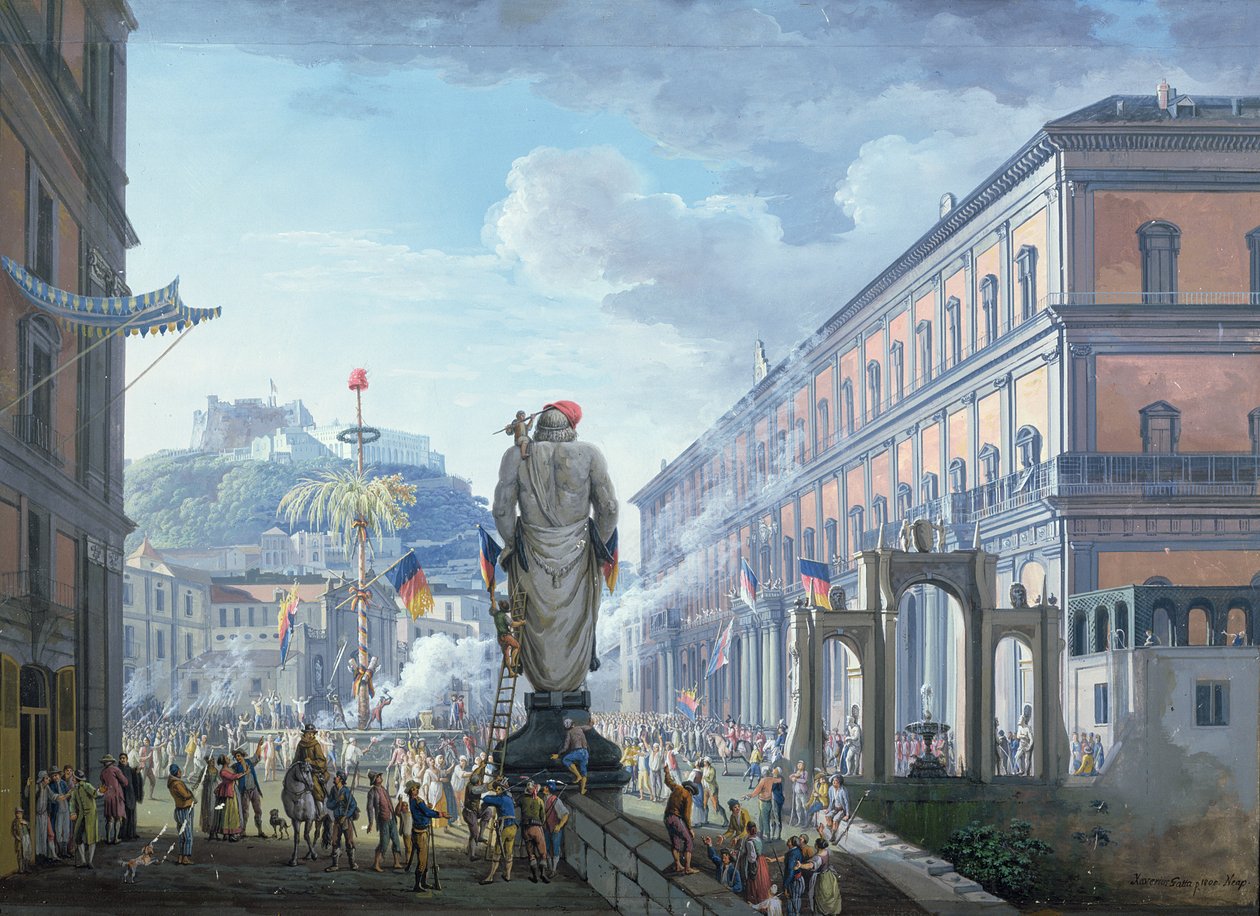 Palazzo Reale, ve chvíli, kdy byl pokácen Strom svobody a jednotky byly hromadně řízeny Angličany v roce 1799, 1800 od Saviero Xavier della Gatta