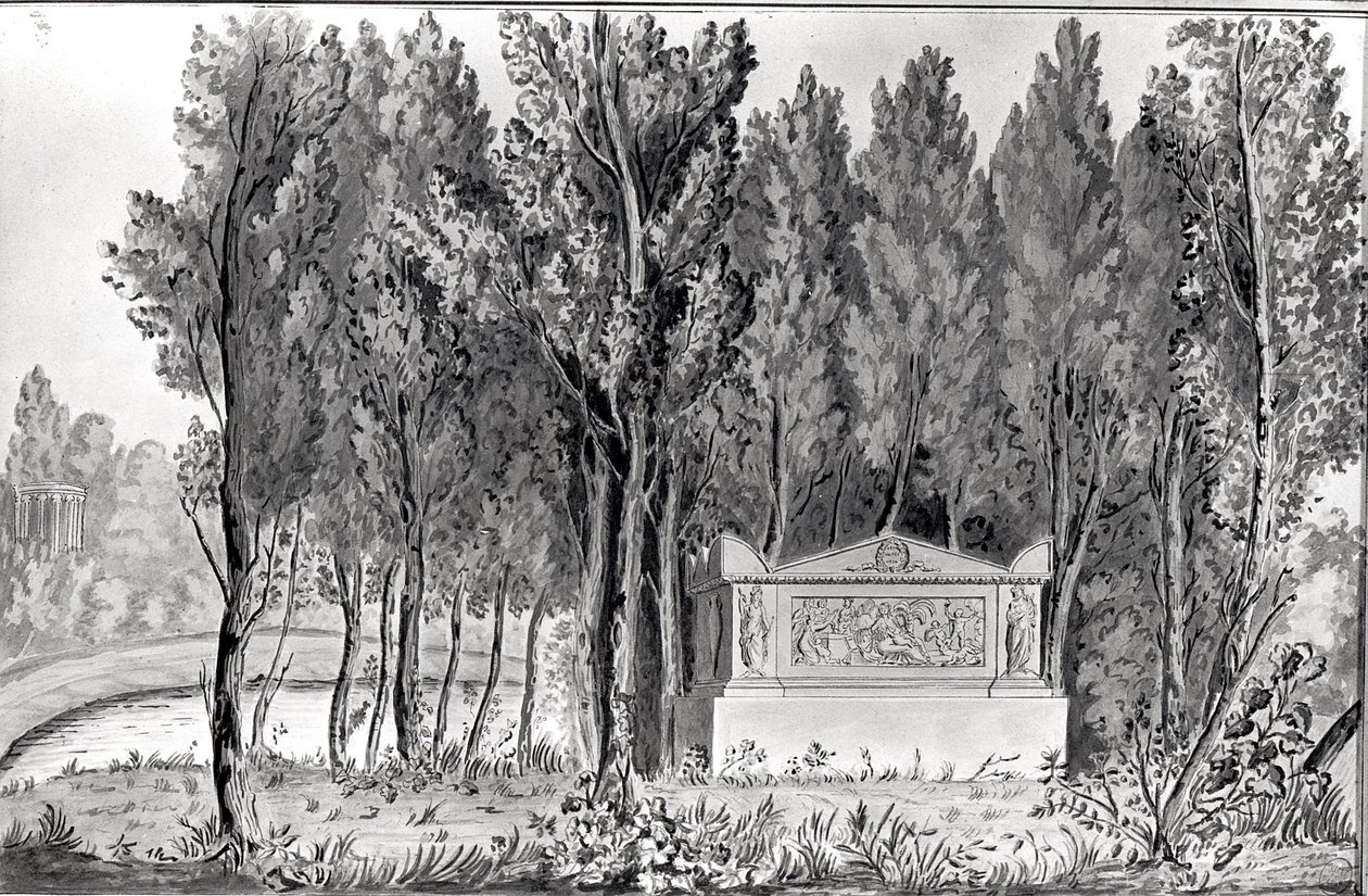 Hrob Jean-Jacquese Rousseaua (1712-78) v Ermenonville (kresba) od Savigny