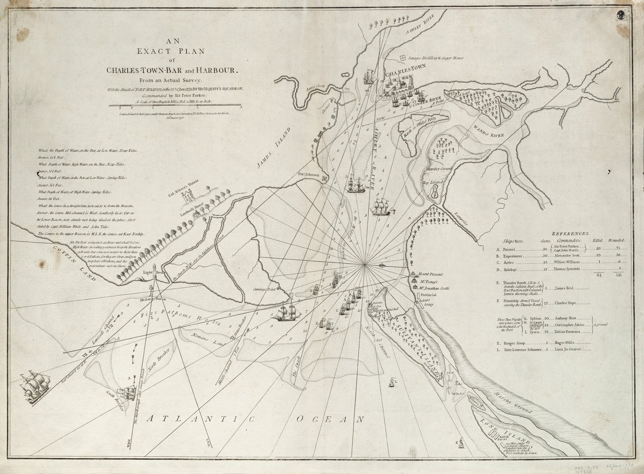 Přesný plán přístavu a baru Charles Town podle skutečného průzkumu při útoku na pevnost Sullivan 28. června 1776 eskadrou Jeho Veličenstva pod velením sira Petera Parkera. od Sayer & Bennett