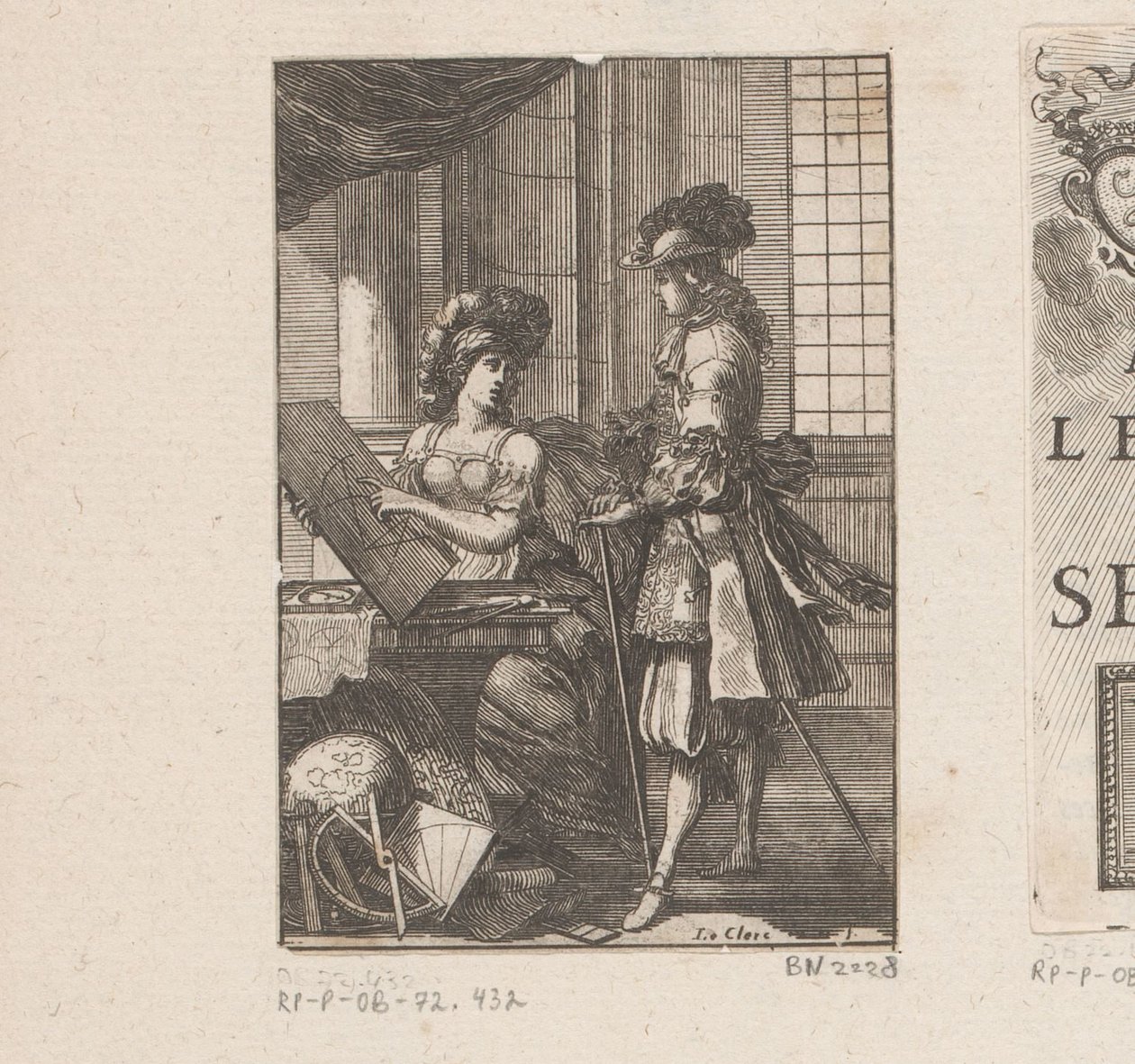Geometrie a mladý muž s geometrickým kreslením Titulní strana pro: Pratique de la Géometrie, sur le papier et sur le terén (...), 1669 od Sébastien Leclerc (I)