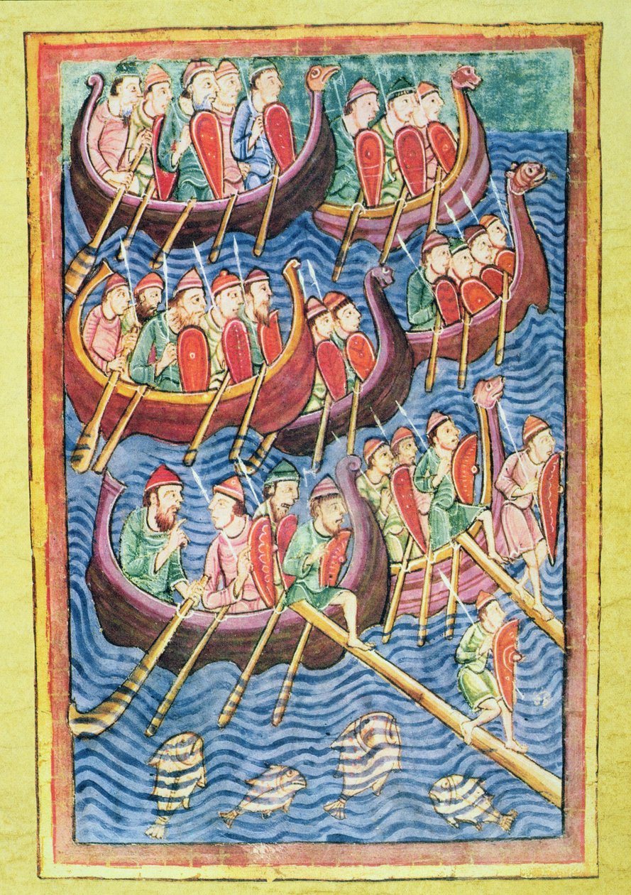 Vikingové vylodění v Anglii během druhé vlny migrace (vellum) od Scandinavian School