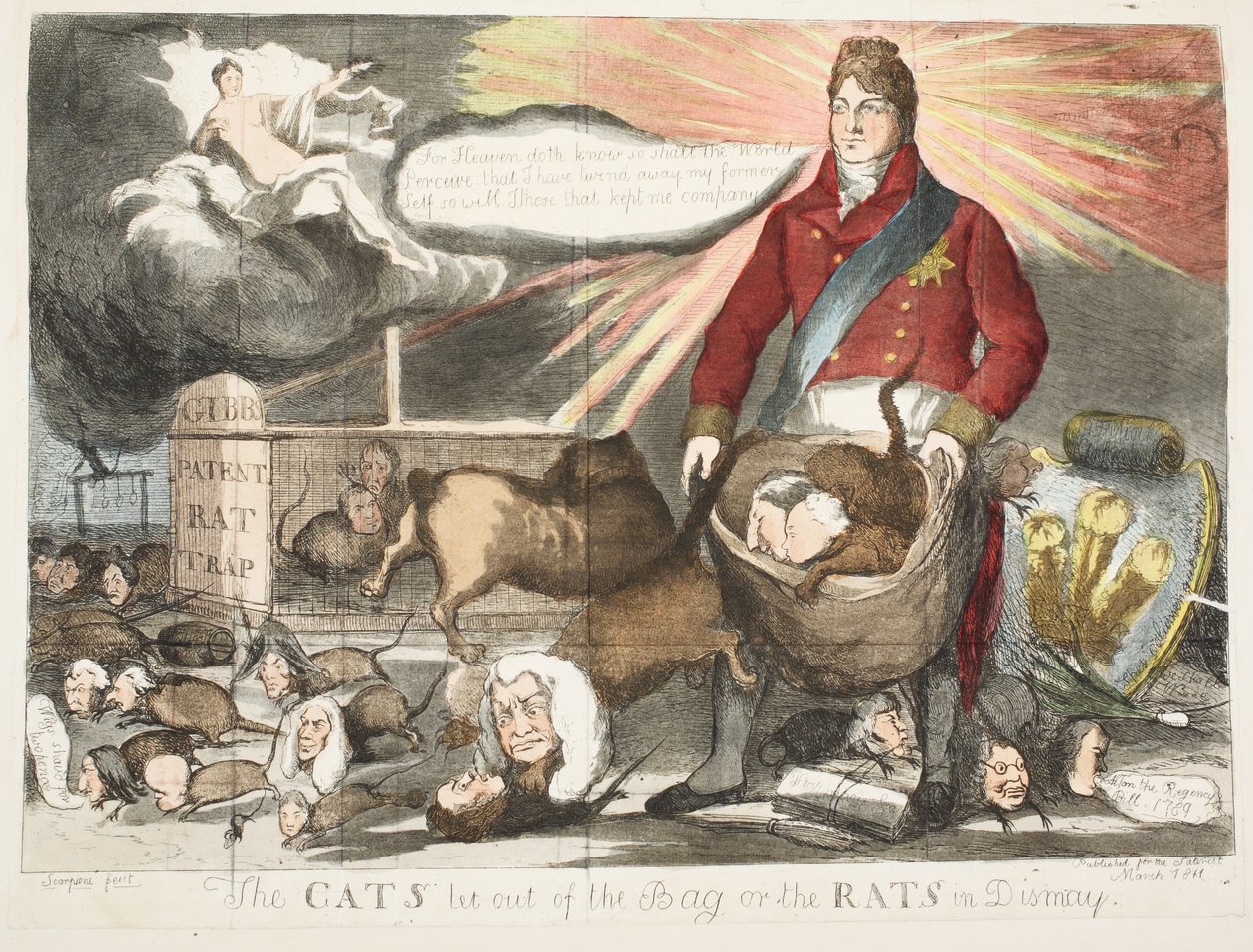 Kočky vypuštěné z pytle aneb Krysy ve zděšení, hospoda březen 1811 (ručně kolorovaný lept) od Scarpione