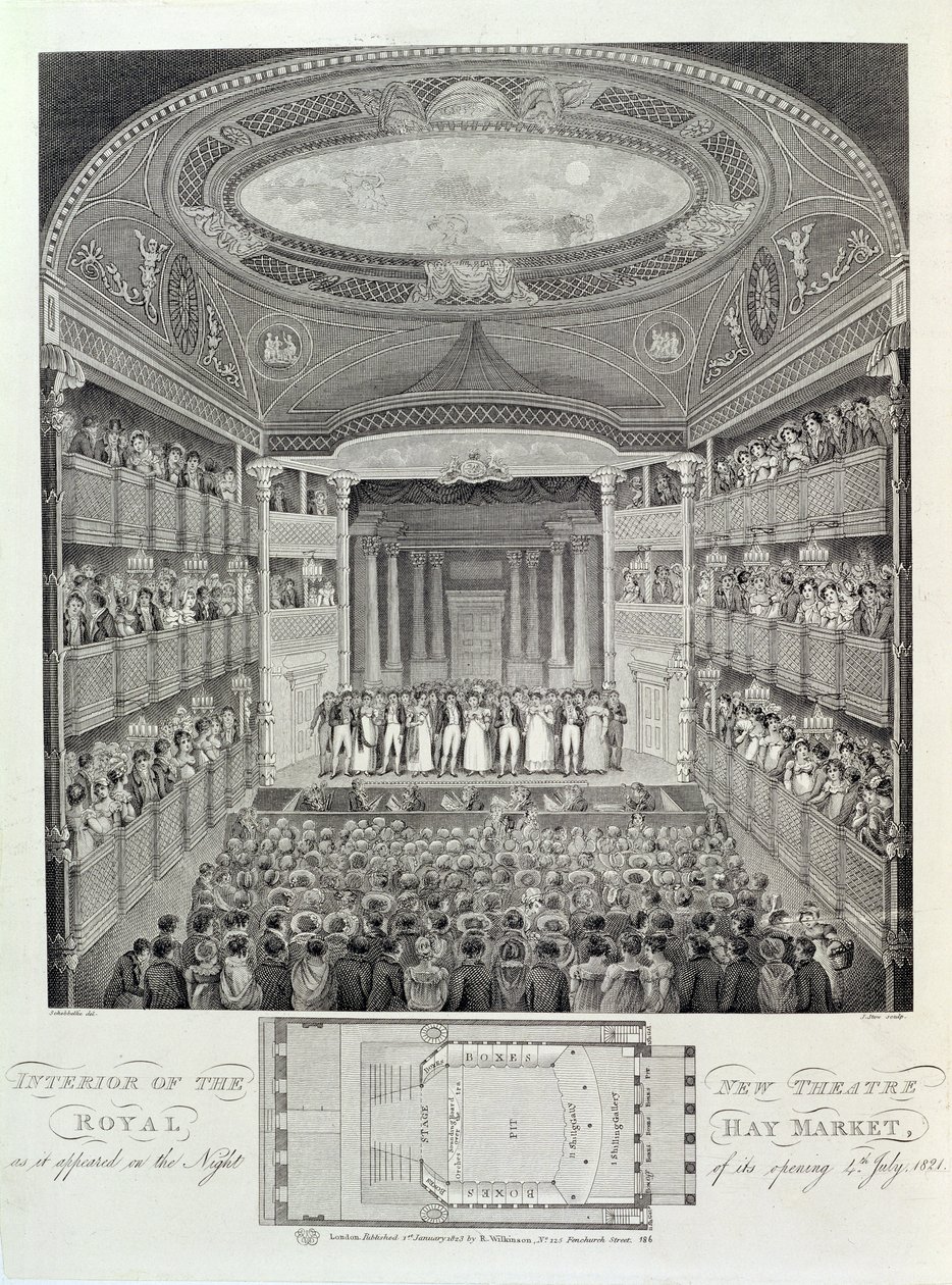 Interiér nového divadla Royal, Haymarket, jak se objevil v noci jeho otevření, 4. července 1821, vyryl James Stow (c.1770-str.1823), 1823 od Schebbellie