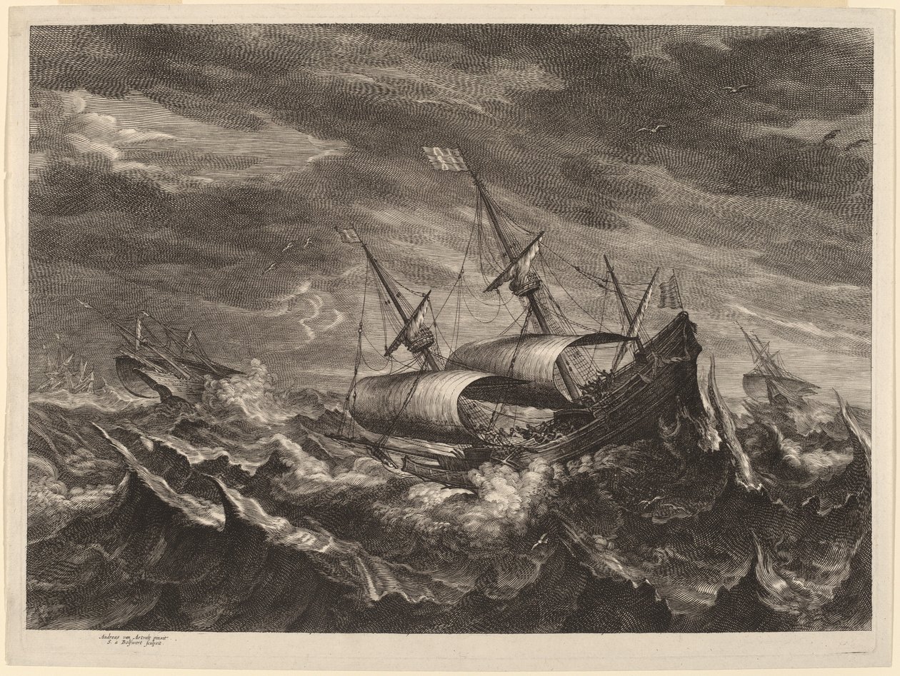 Plachetnice v bouři od Schelte Adams Bolswert after Andries van Eertvelt