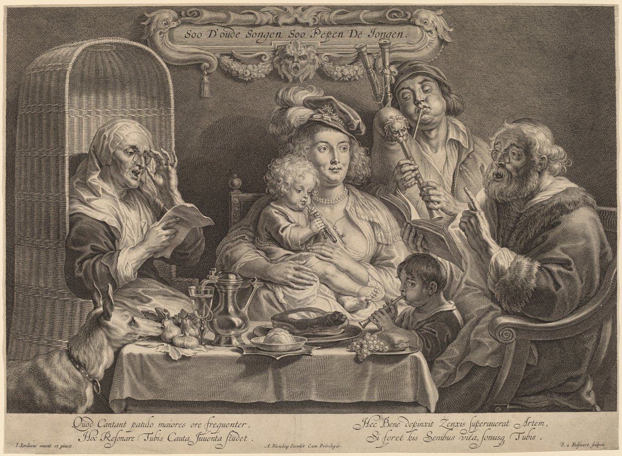 Rodinný koncert (Jak staří zpívají, tak mladí twitterují) od Schelte Adams Bolswert after Jacob Jordaens