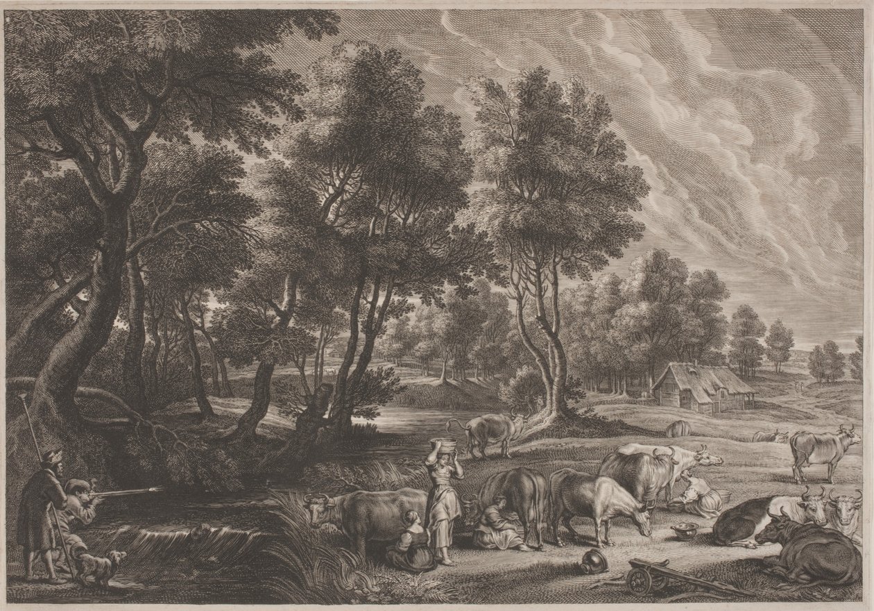 Zemědělská krajina s lovci a dojičkami od Schelte Adams Bolswert, after Sir Peter Paul Rubens