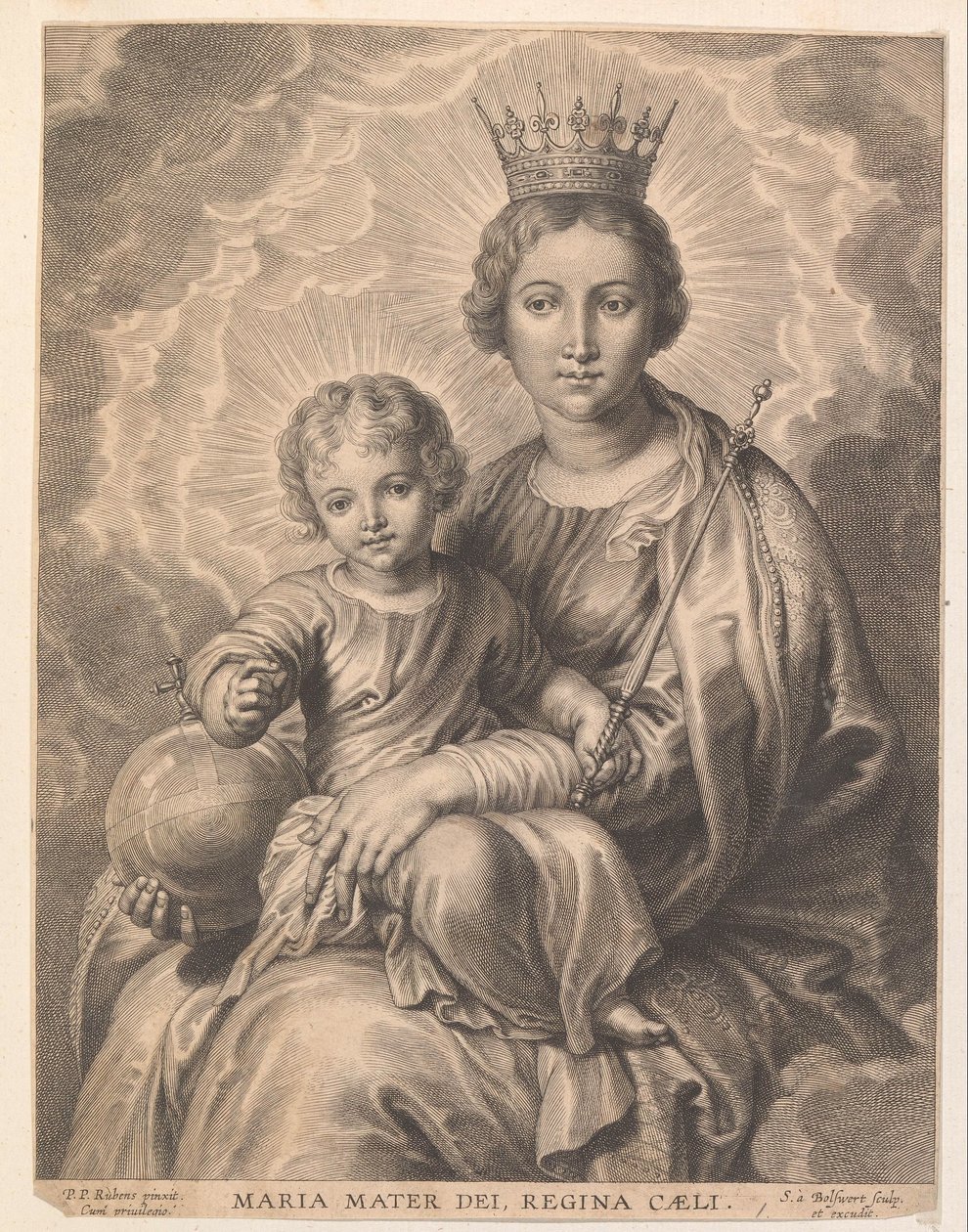 Marie s dítětem a zeměkoule Maria mater dei, regina caeli (titul na předmětu) od Schelte Adamsz. Bolswert