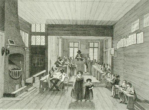 Vnitřní pohled na školu spojenou s John Bunyans Meeting House v Zoar Street, Southwark, vyrytý Dale, 1822 (viz také 192751) od Schnibbelee after Schnibbelee after