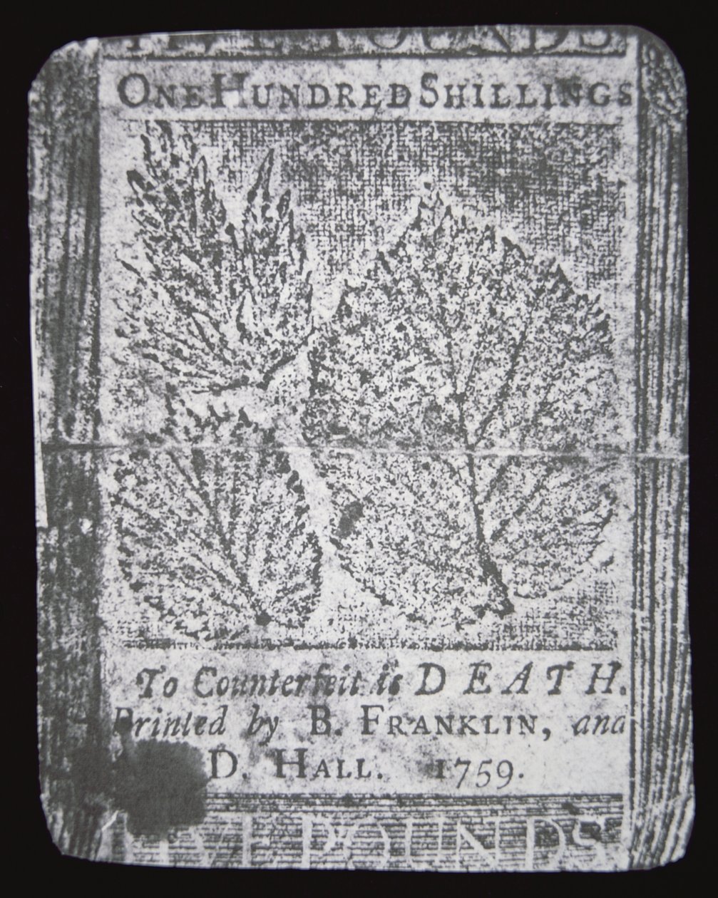 Bankovka v hodnotě 100 šilinků navržená a vytištěná Benjaminem Franklinem v roce 1759 (litho) od School American