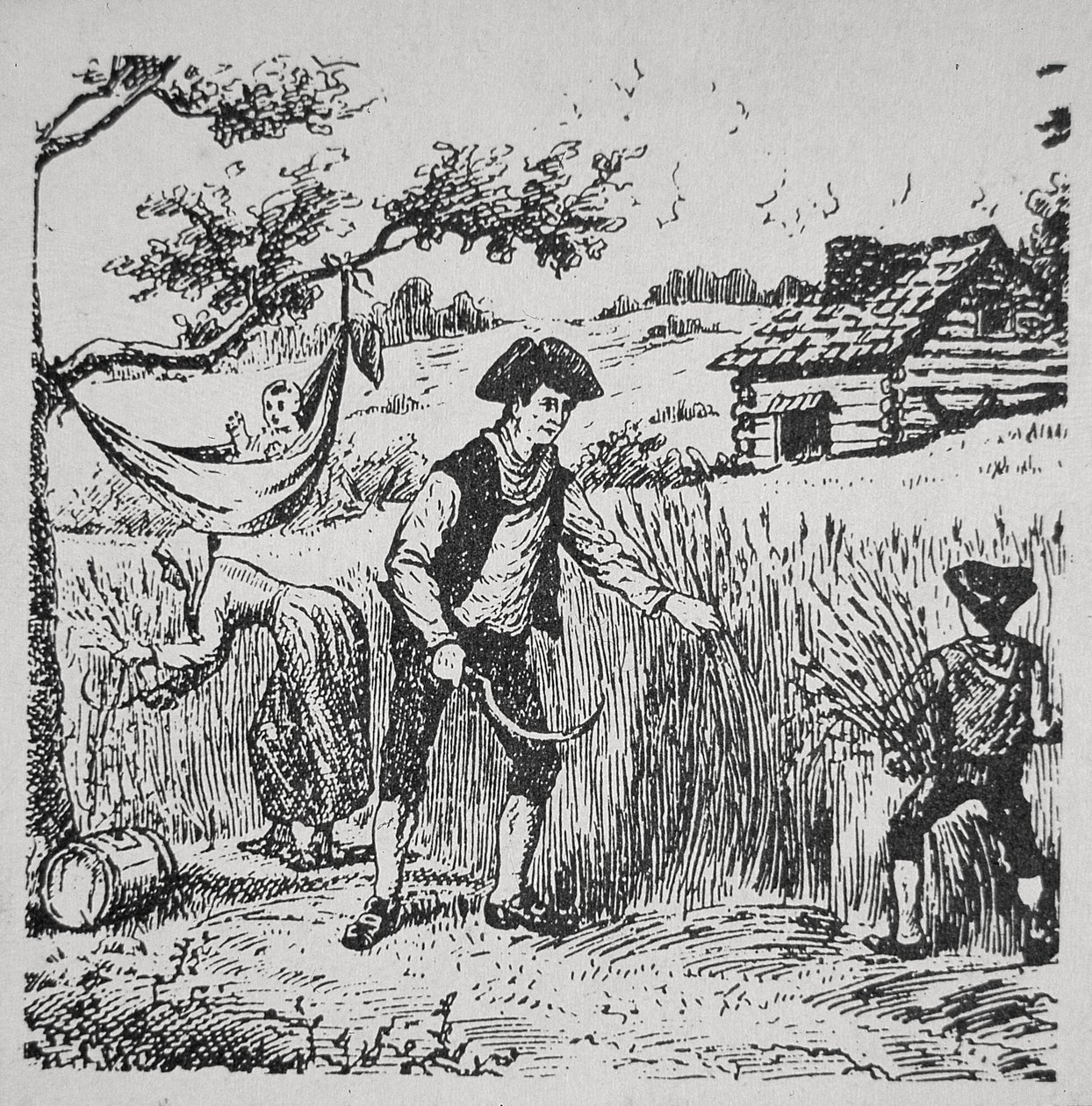 Rodina sklízející kukuřici (litho) od School American