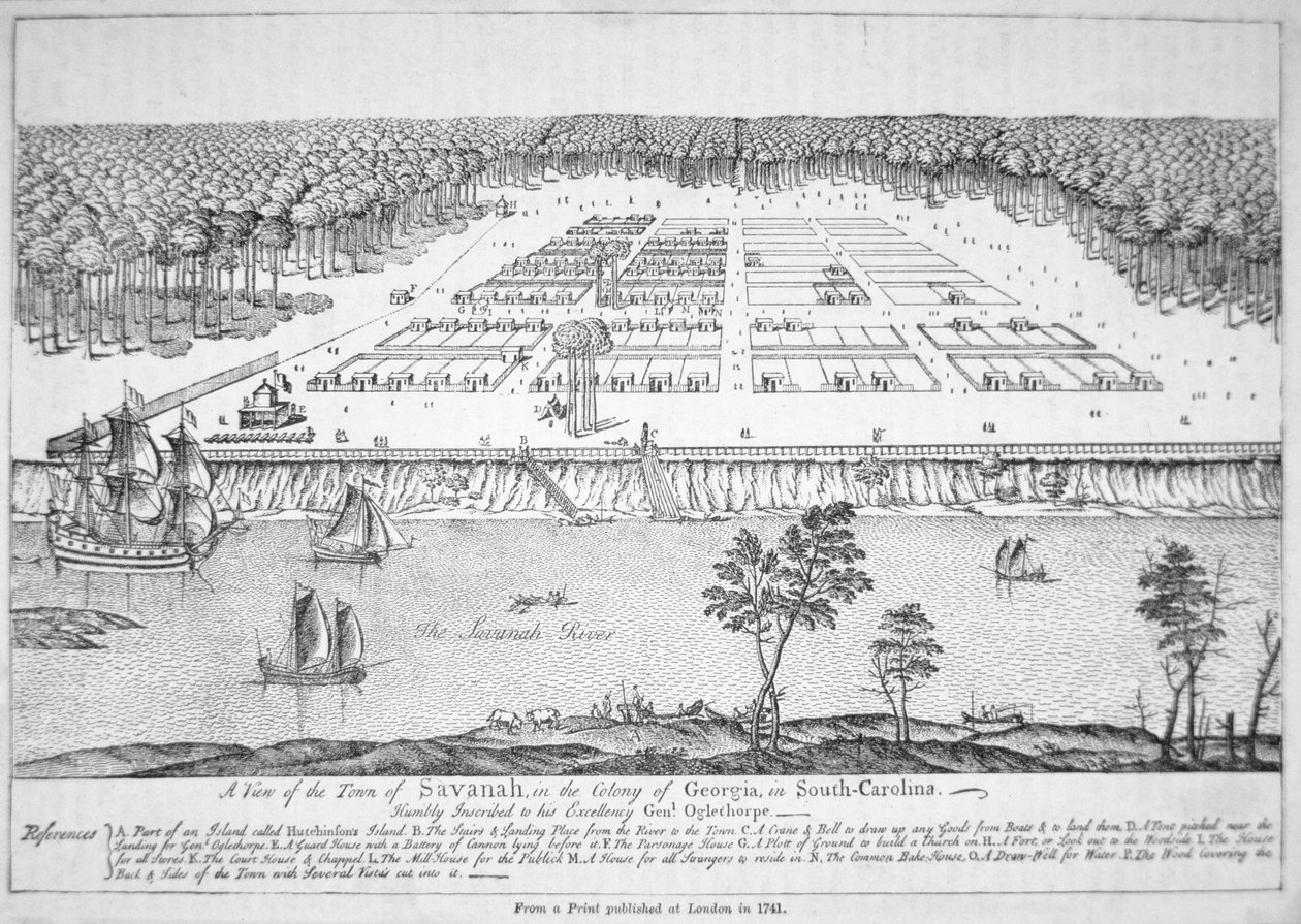 Pohled na Savannah, Georgia v roce 1741 (litho) od School American