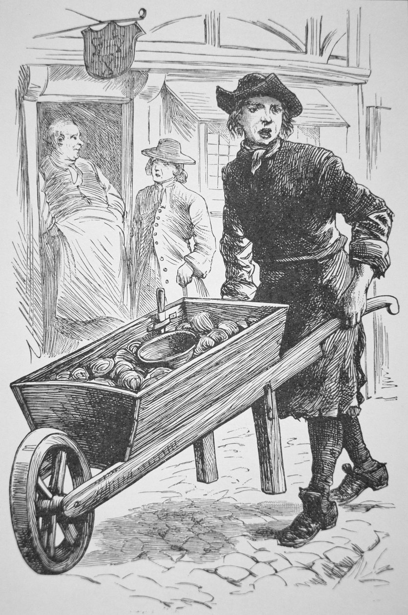 Ústřicový muž v Nové Anglii prodávající své zboží v 17. století (litho) od School American