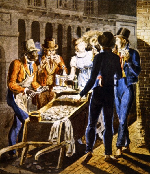 Ústřic prodávající své zboží před divadlem Chestnut Street Theatre ve Philadelphii, kolem roku 1796 (akvarel na papíře) od School American