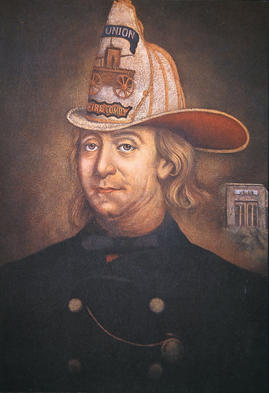Benjamin Franklin v uniformě Union Fire Company, kterou založil ve Philadelphii v roce 1736 (barevné lito) od School American