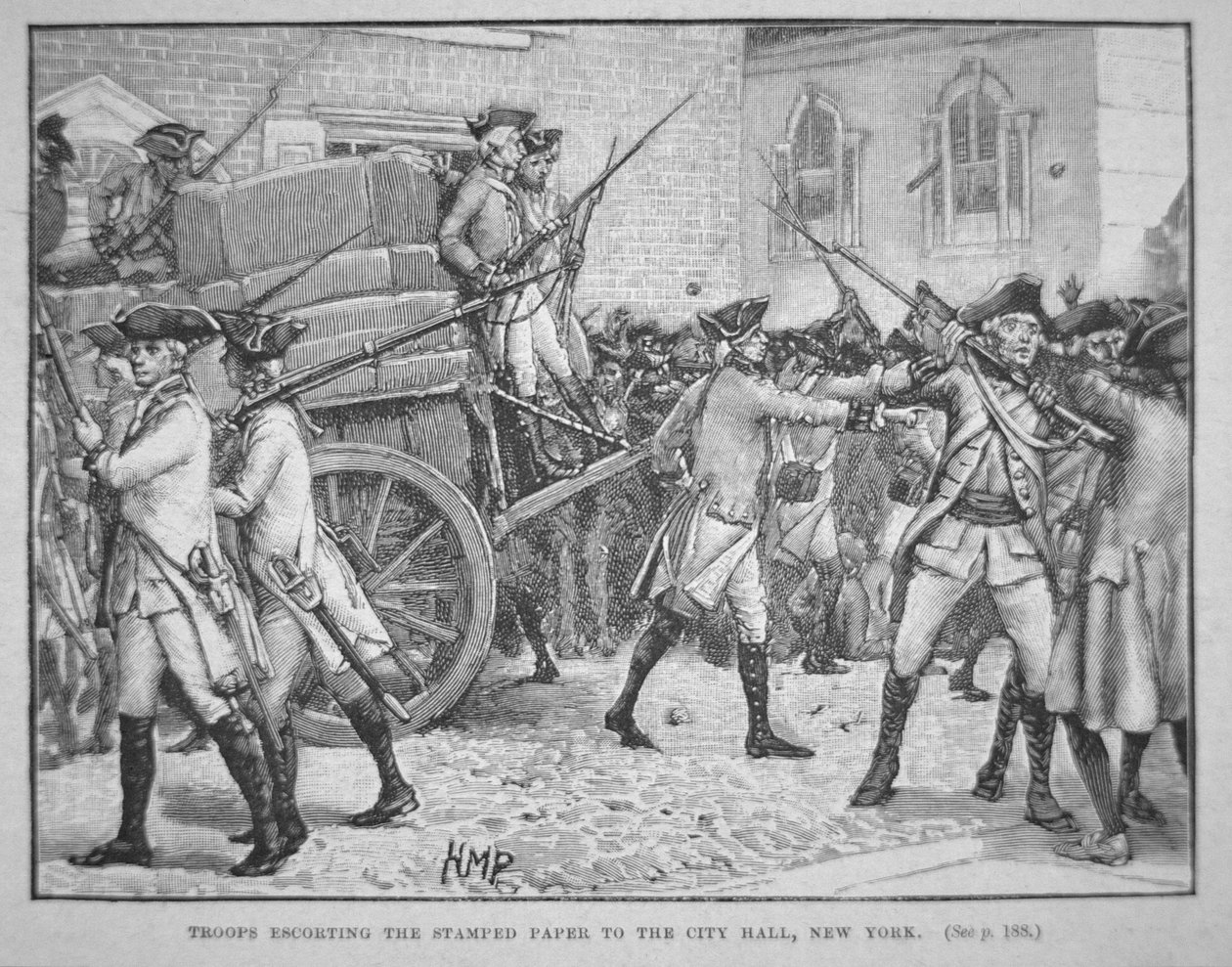 Britští vojáci doprovázejí orazítkovaný papír na radnici v New Yorku (litho) od School American