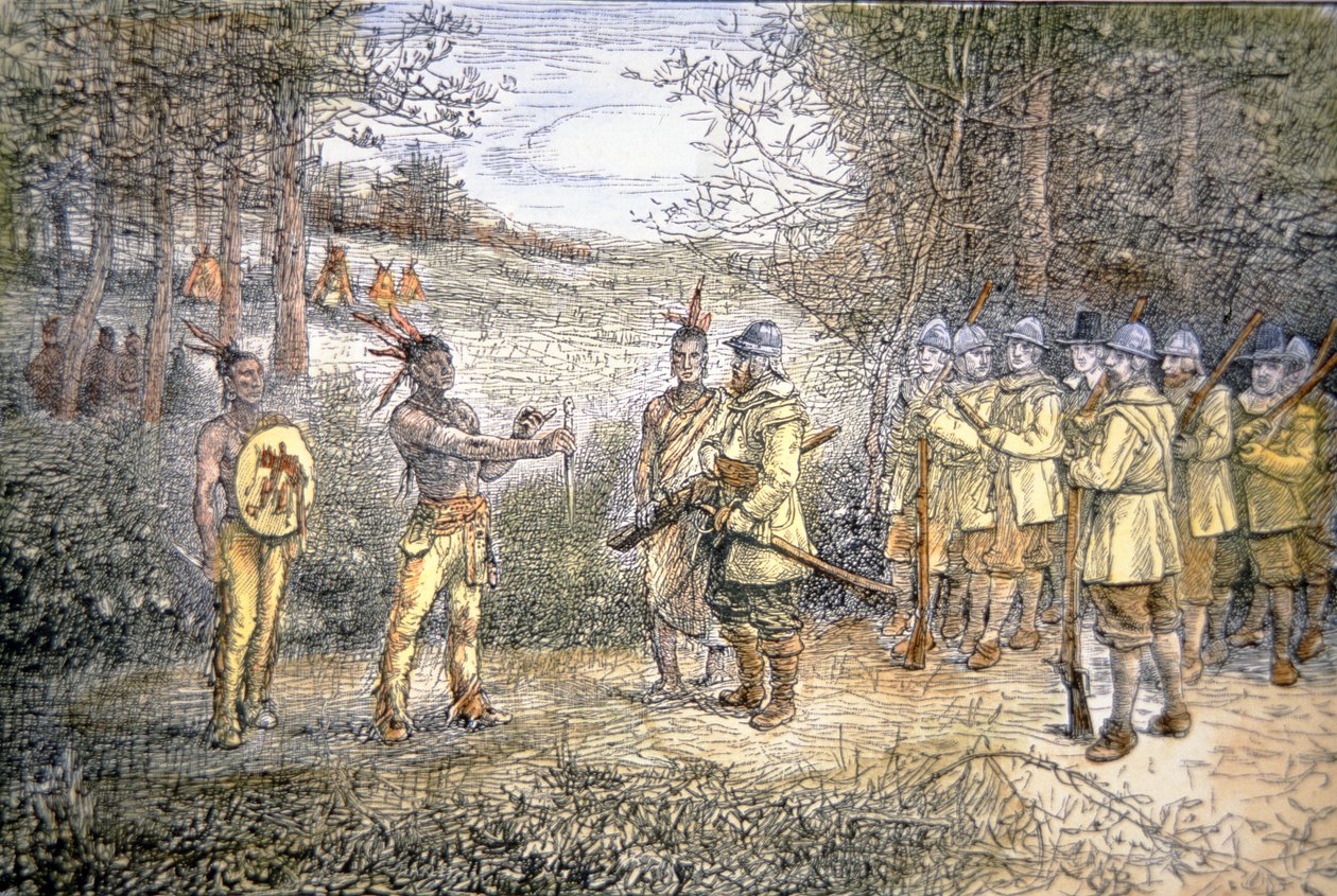 Kapitán Miles Standish obchoduje s indiány Wampanoag v roce 1621 (barevné lito) od School American