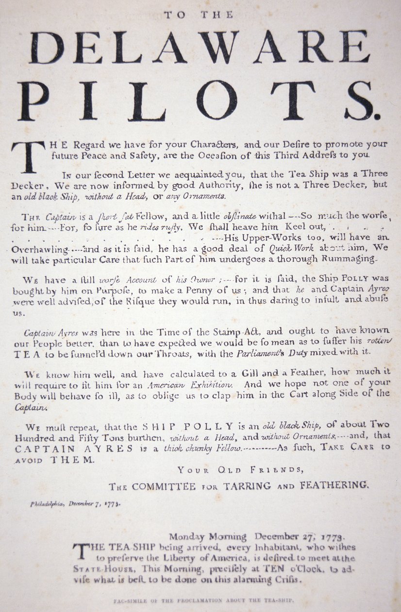 Faksimile prohlášení filadelfských patriotů pilotům z Delaware, které je varuje, aby nejednali s britským čajovým obchodem, 7. prosince 1773 (litho) od School American