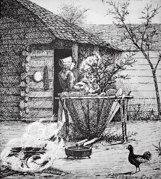 Scéna z farmy - žena u mycí kádě, podle ilustrace J. S. Hodgsona (litho) od School American