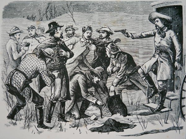 Čtyři bandité přemohli a vydrancovali dva důstojníky a sedm vojáků poblíž Bismarcku, Dakota Territory, z 