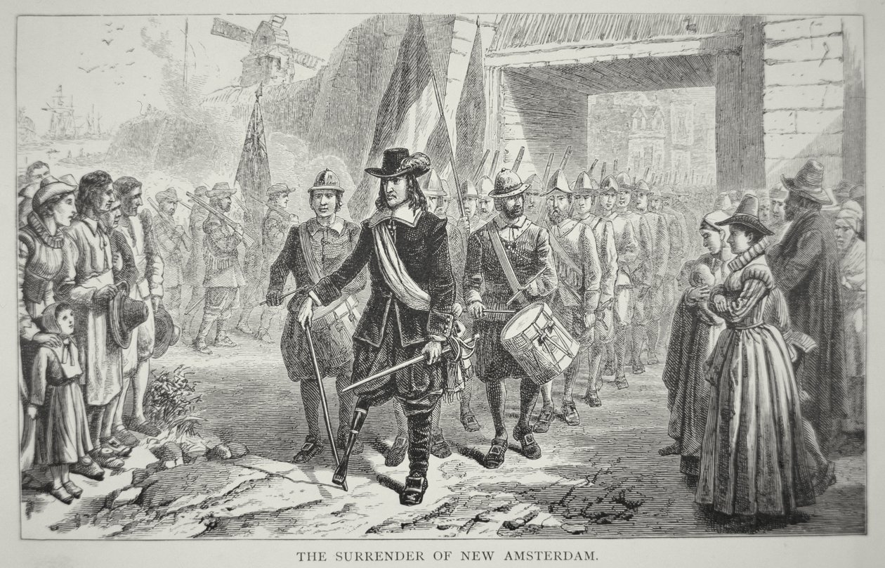 Guvernér Peter Stuyvesant vzdává Nový Amsterdam Britům v roce 1664 (litho) od School American