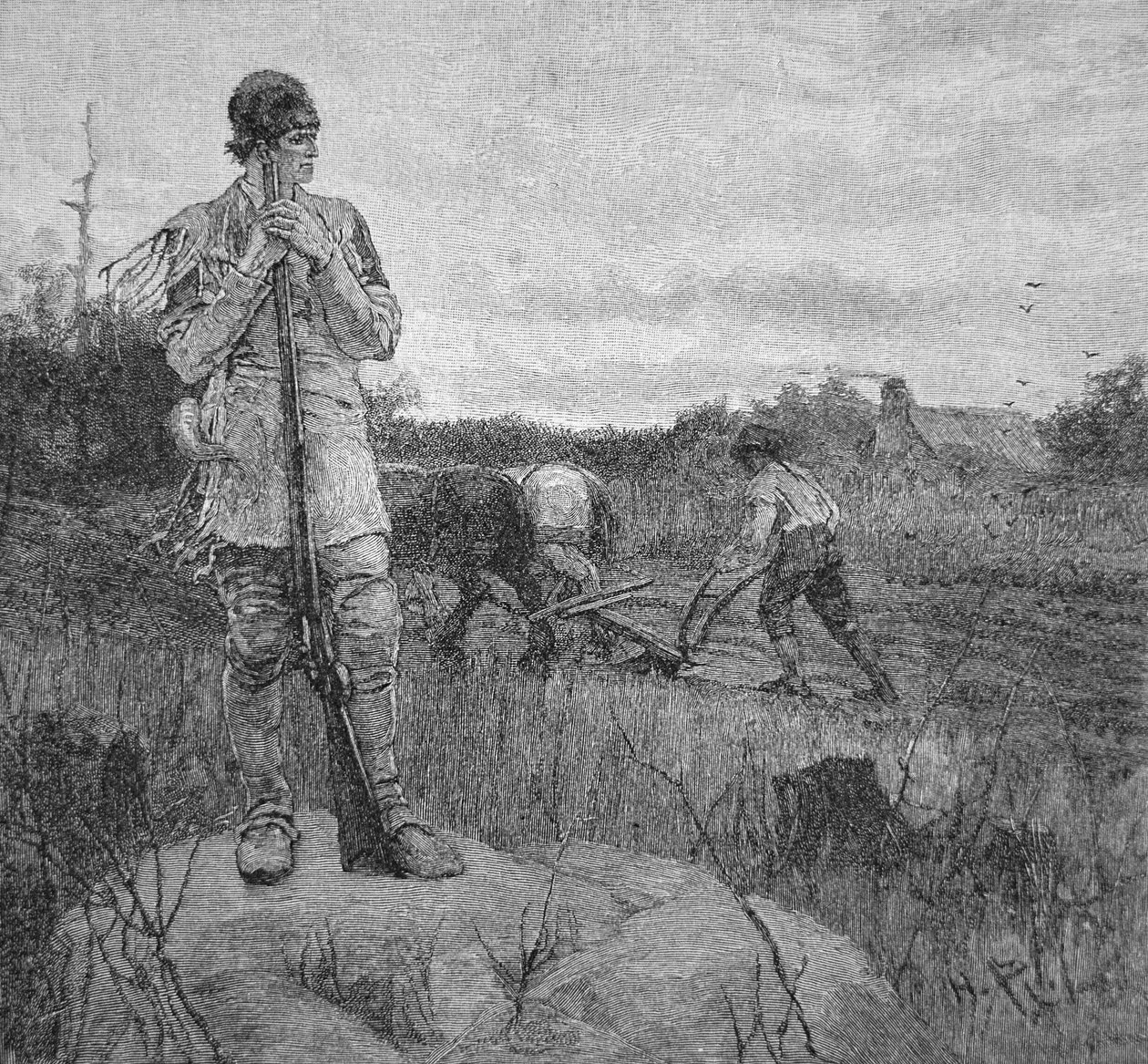 Hlídání farmy před indiánským útokem podle ilustrace Howarda Pylea (litho) od School American