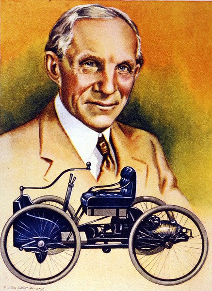 Henry Ford a jeho první automobil z roku 1896 (barevné lito) od School American