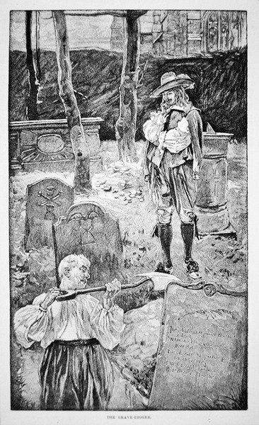 Život v Nové Anglii v 17. století - Hrobař hrobů (litho) od School American