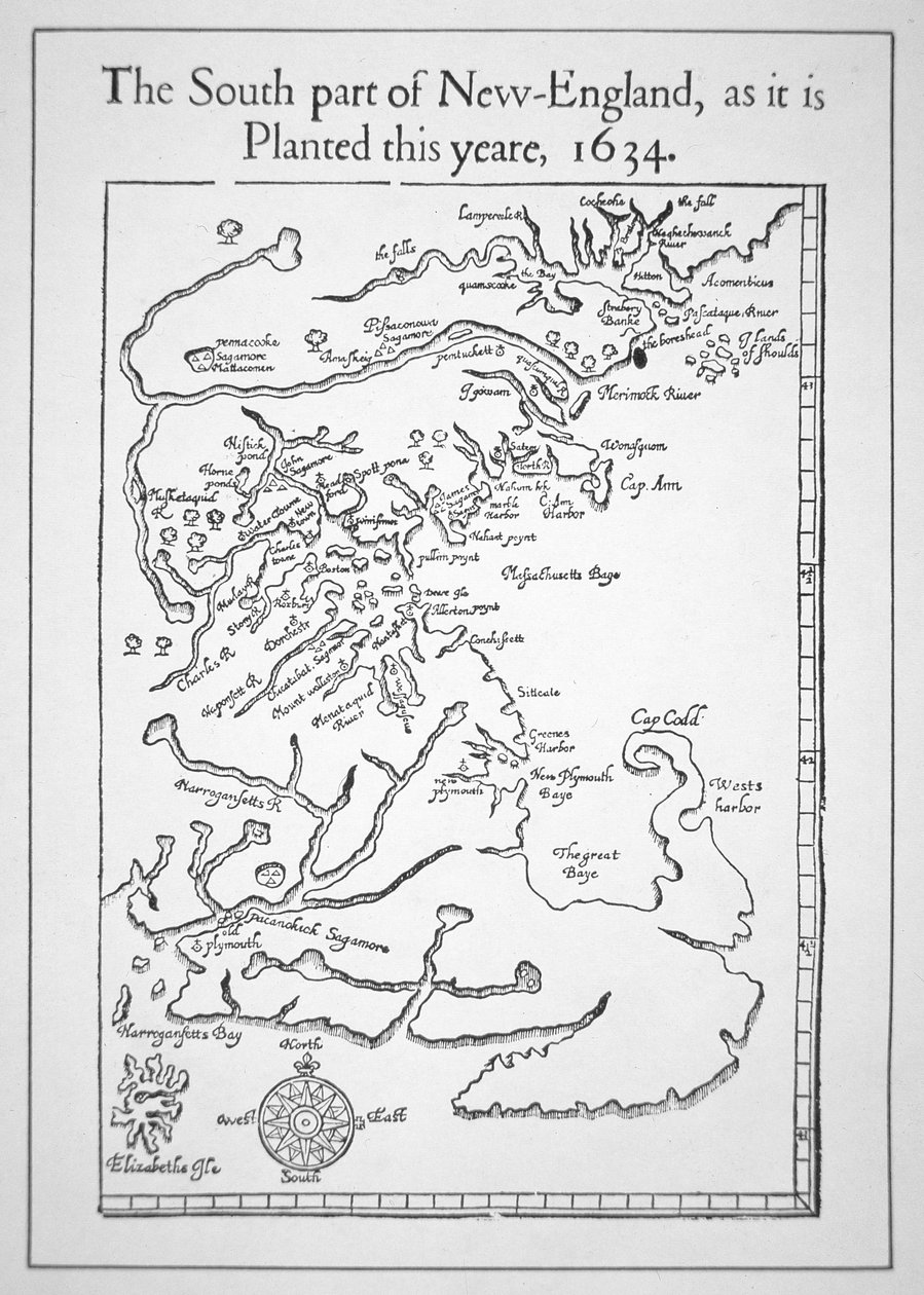 Mapa včetně Massachusetts Bay (litho) od School American