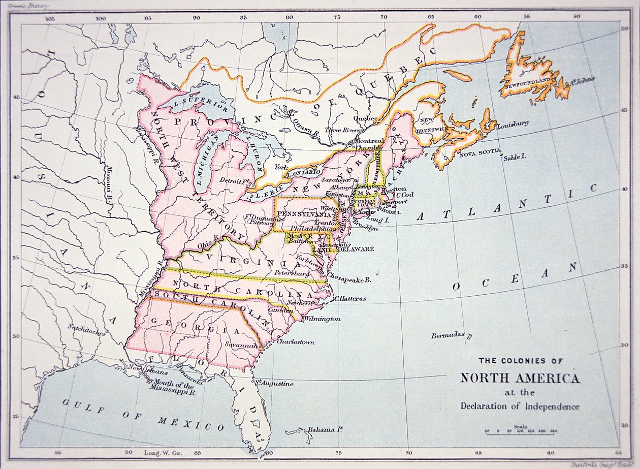 Mapa kolonií Severní Ameriky v době Deklarace nezávislosti (barevná rytina) od School American