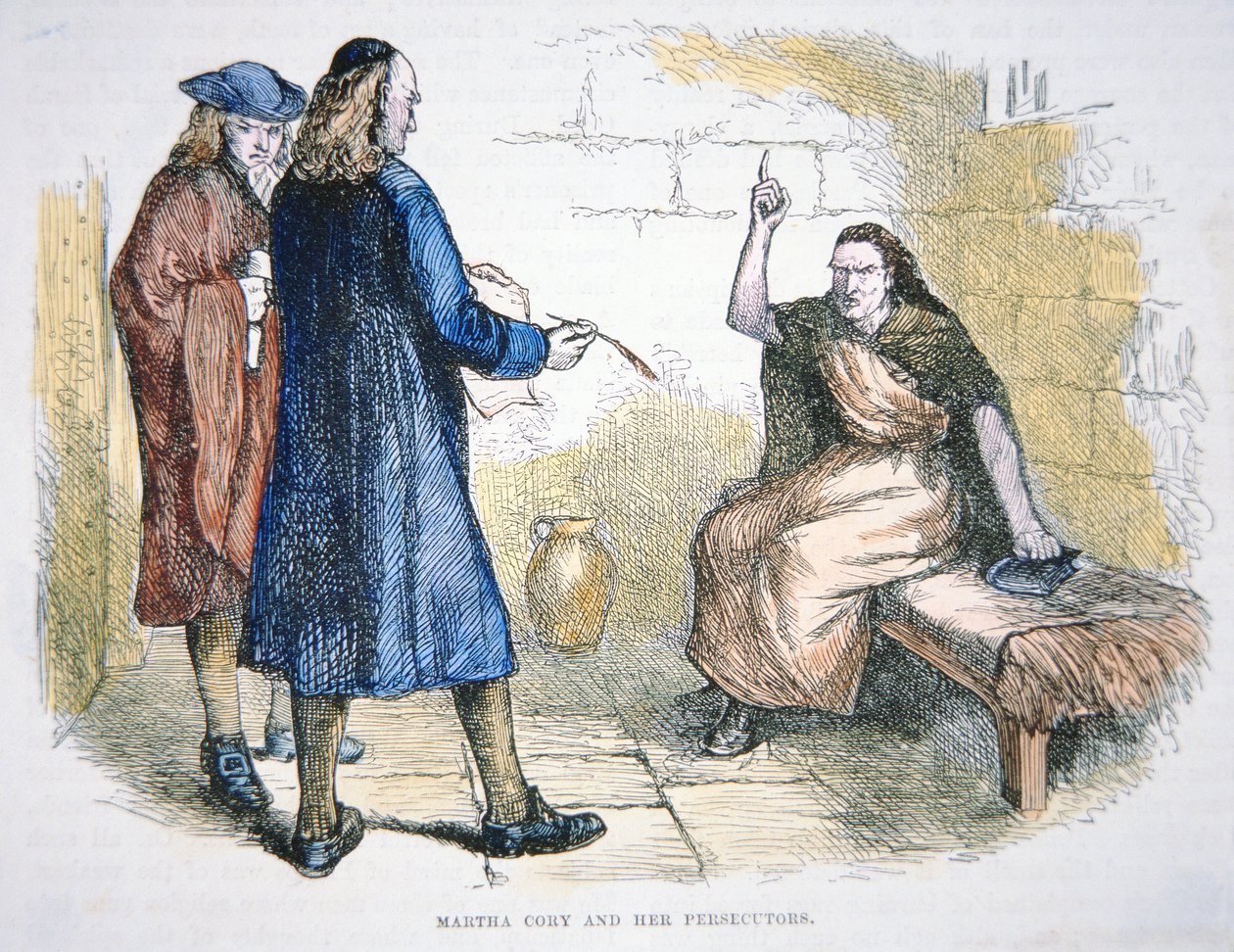 Martha Corey je obviněna z čarodějnictví během čarodějnických procesů v Salemu v roce 1692 (barevné lito) od School American
