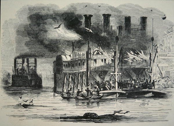 Mississippi parníky v plamenech v St. Louis (rytina) od School American