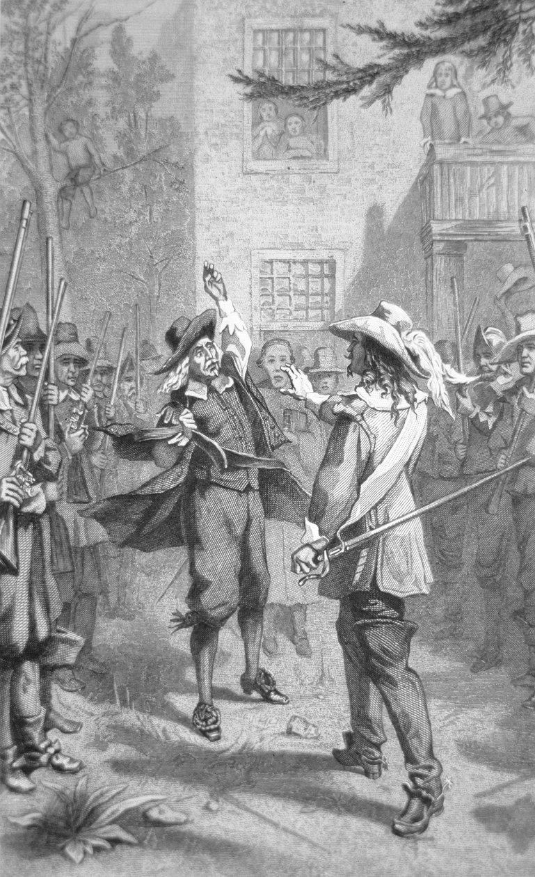 Nathaniel Bacon konfrontuje sira Williama Berkeleyho (rytina) od School American