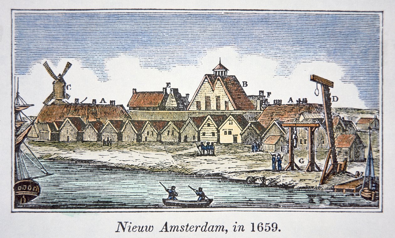 New Amsterdam (později New York) na ostrově Manhattan, z pohledu publikovaného v roce 1659 (barevné lito) od School American