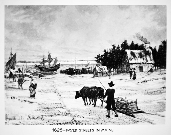 Dlážděné ulice v Maine v roce 1625 (litho) od School American