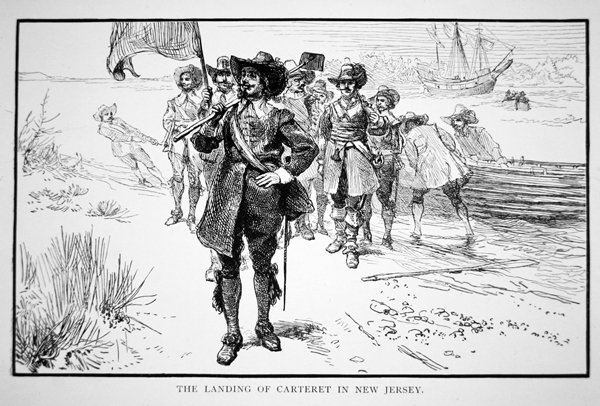 Philip Carteret přistane v bývalé holandské kolonii New Jersey v roce 1664 (litho) od School American