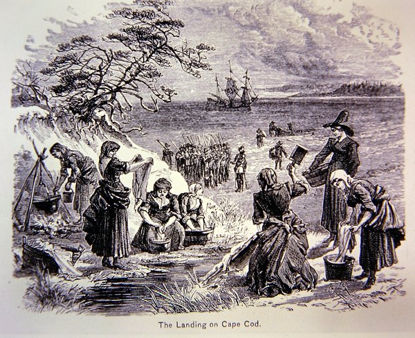 Pilgrim Fathers Land v Americe v roce 1620 - Přistání na Cape Cod ukazuje ženy při práci (litho) od School American