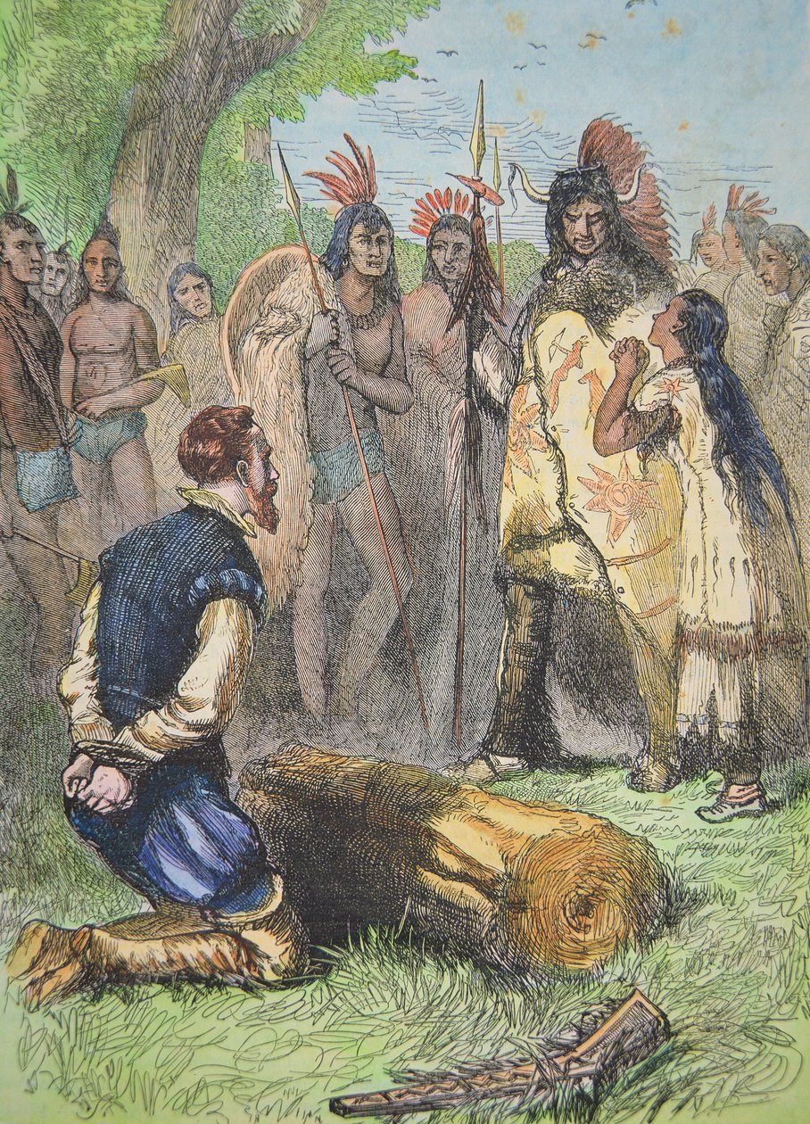Pocahontas zachrání život Johnu Smithovi (barevná rytina) od School American