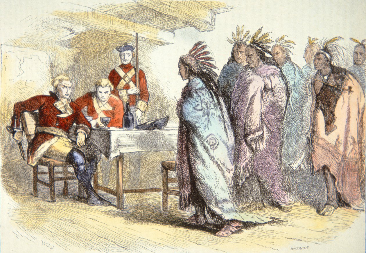 Pontiac navštíví majora Gladwina ve Fort Detroit v roce 1763 (barevně lito) od School American