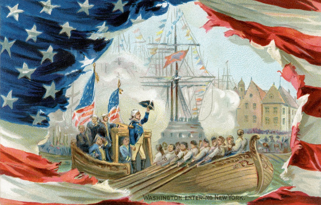 Pohlednice zobrazující George Washingtona při vjezdu do New Yorku (print) od School American