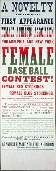 Plakát inzerující ženský baseballový zápas (barevná litho) od School American